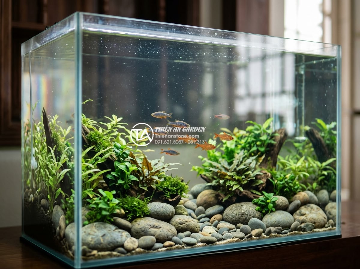 Checklist 5 bước vệ sinh đá cuội trước khi setup bể cá thủy sinh - Fully set up planted aquarium with clean pebble stones, aquatic plants, and fish