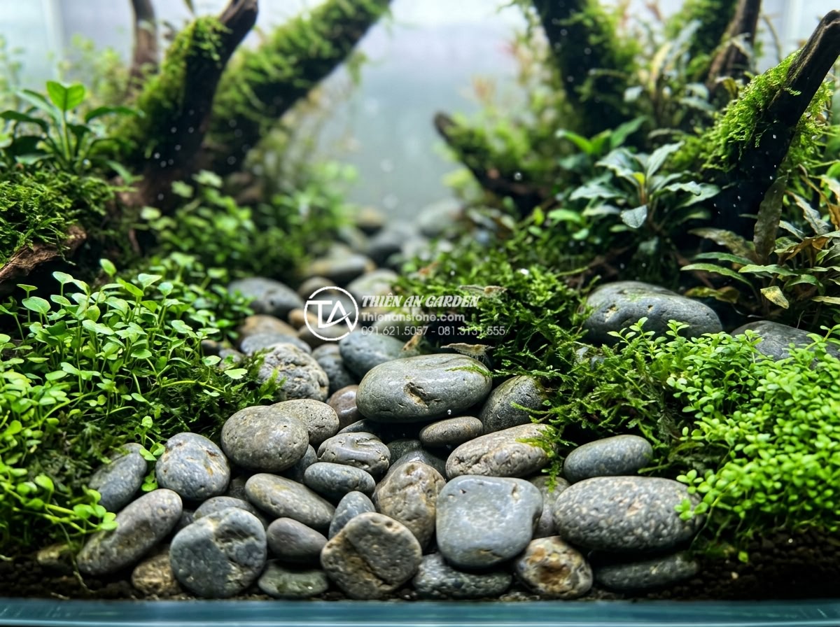 Checklist 5 bước vệ sinh đá cuội trước khi setup bể cá thủy sinh - Close-up view of clean polished pebble stones creating a natural riverbed effect