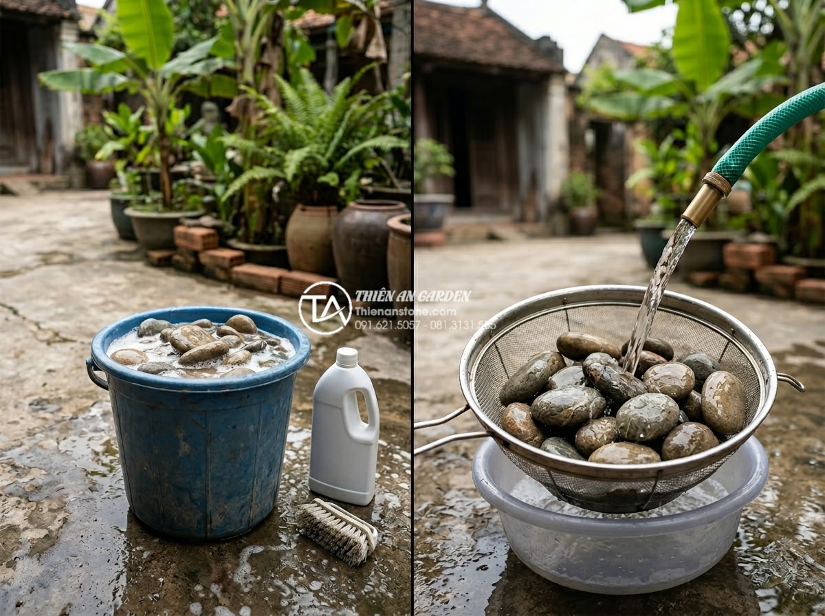 Checklist 5 bước vệ sinh đá cuội trước khi setup bể cá thủy sinh - Correct vs incorrect cleaning methods side by side for pebble stones in aquarium