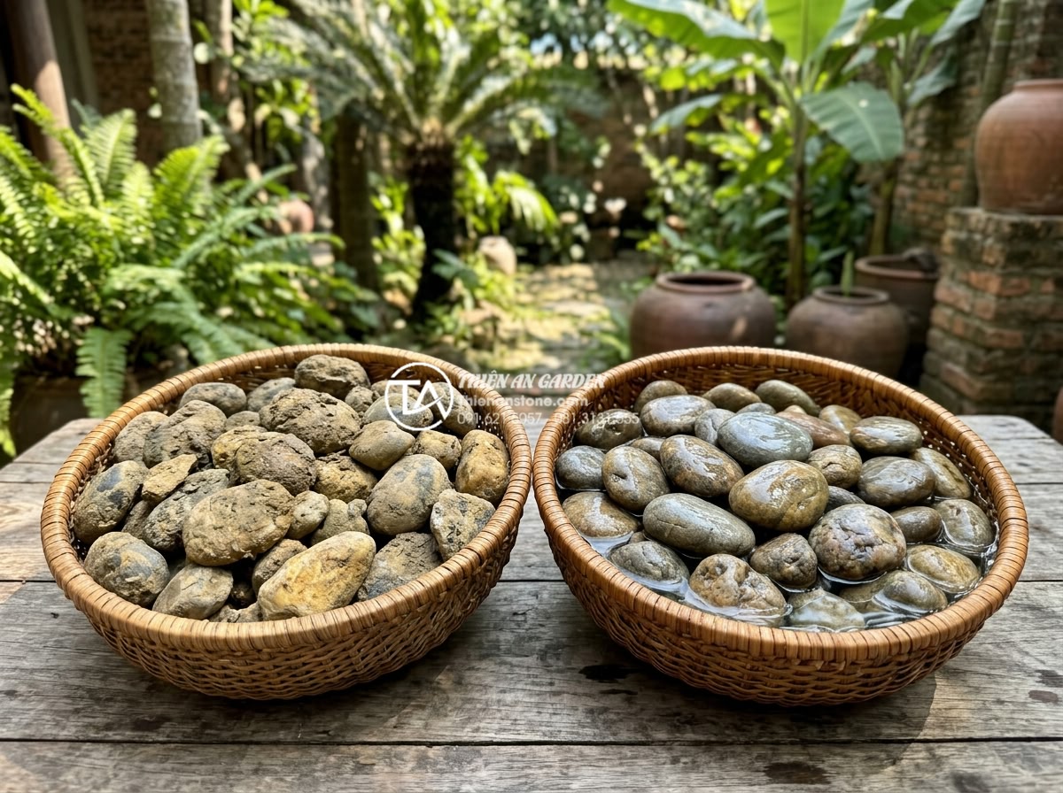 Checklist 5 bước vệ sinh đá cuội trước khi setup bể cá thủy sinh - Comparison image showing dirty unwashed river pebbles versus thoroughly cleaned 