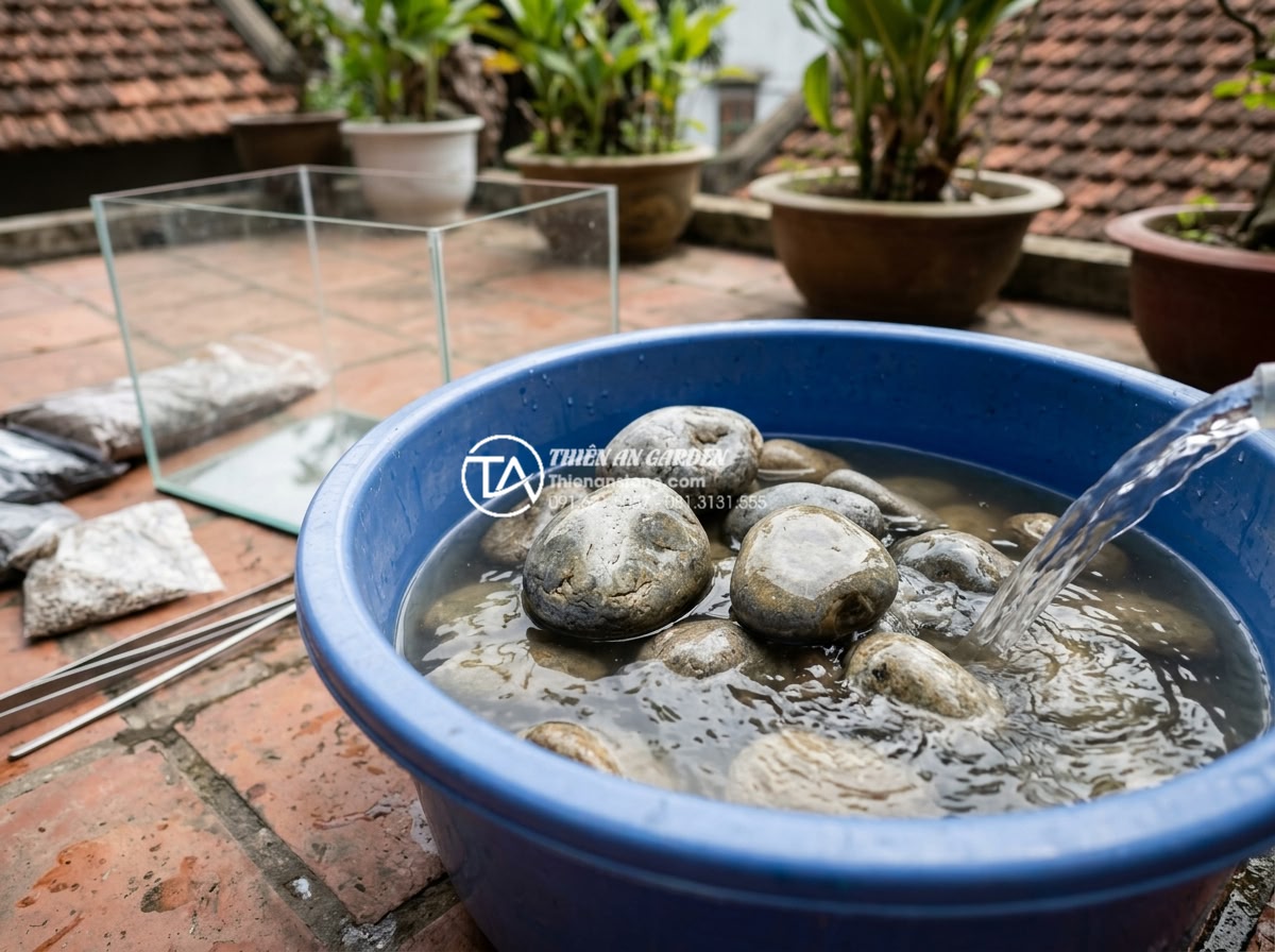 Checklist 5 bước vệ sinh đá cuội trước khi setup bể cá thủy sinh - Aquarium expert washing pebble stones in a large bucket before placing them in a
