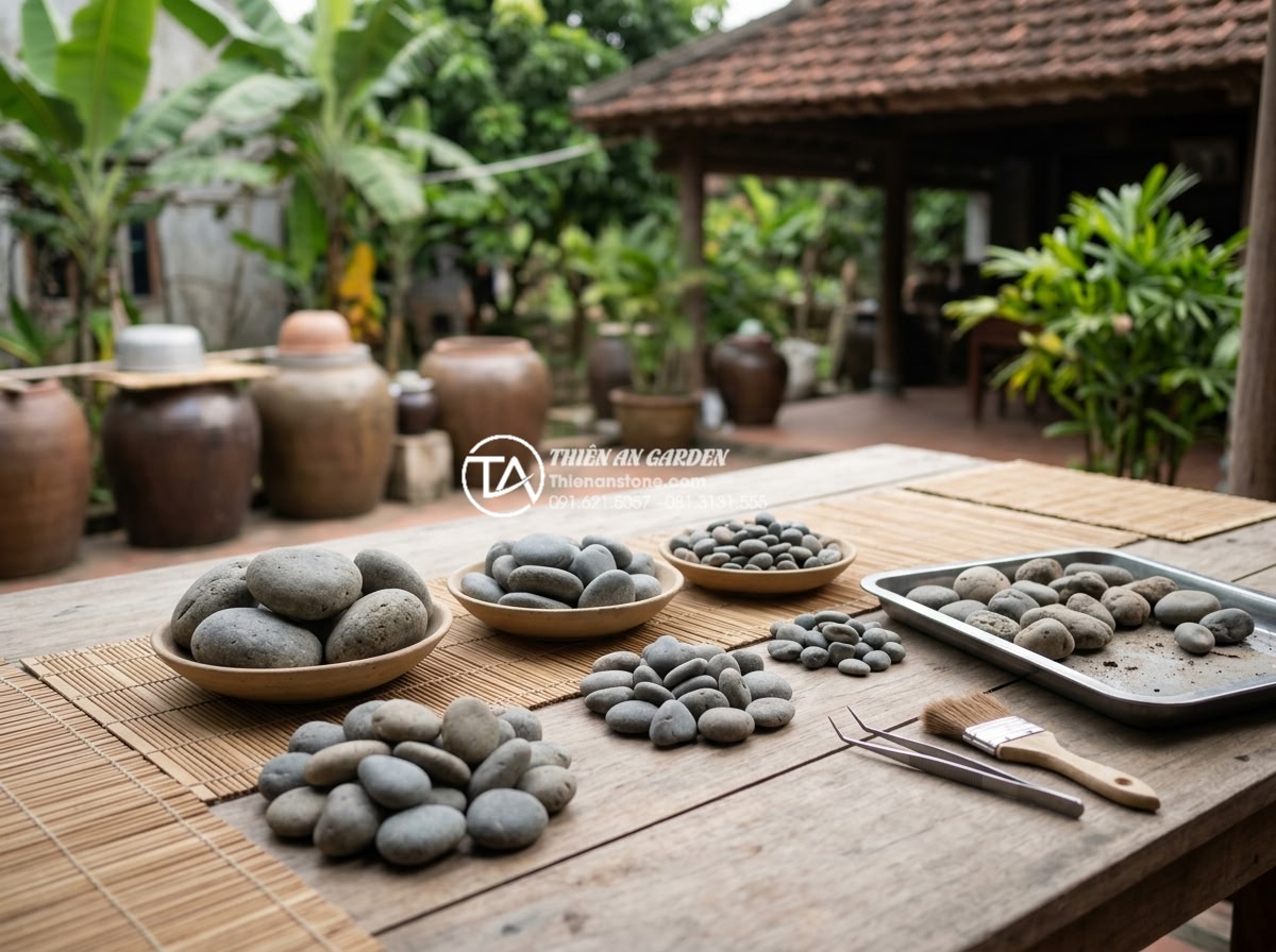 Checklist 5 bước vệ sinh đá cuội trước khi setup bể cá thủy sinh - Person carefully inspecting and sorting river pebbles by size and quality on a c