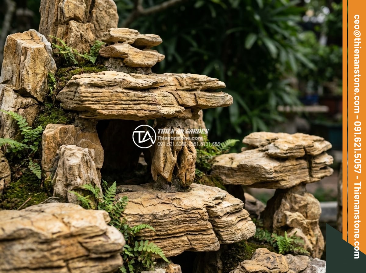 Checklist nghiệm thu công trình hòn non bộ đá cổ thạch dành cho chủ nhà - Artistic close-up of layered stone placement creating natural caves, ledges, and