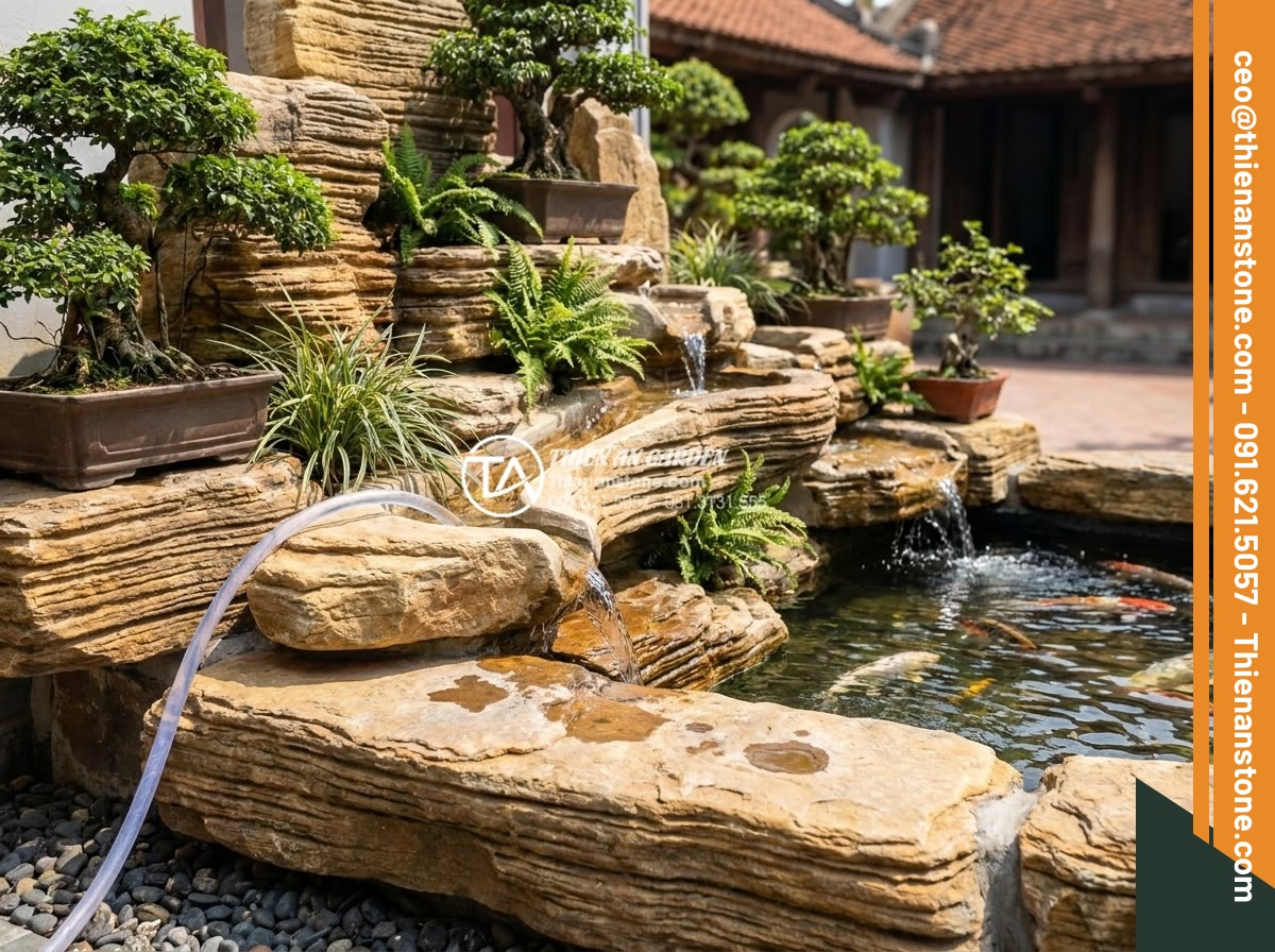 Checklist nghiệm thu công trình hòn non bộ đá cổ thạch dành cho chủ nhà - Testing water flow and drainage efficiency on a functional rockery with koi pond