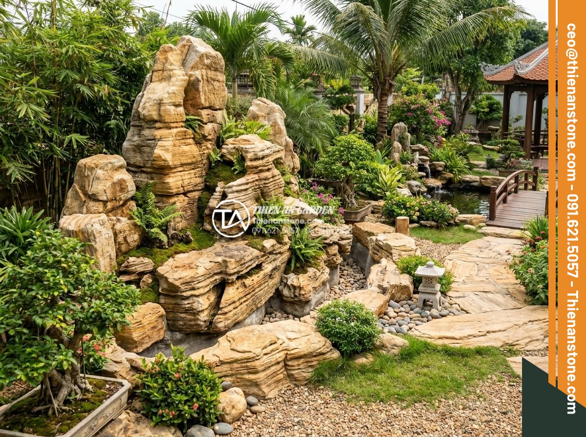 Checklist nghiệm thu công trình hòn non bộ đá cổ thạch dành cho chủ nhà - Wide-angle shot of complete rockery integrated harmoniously with surrounding gar