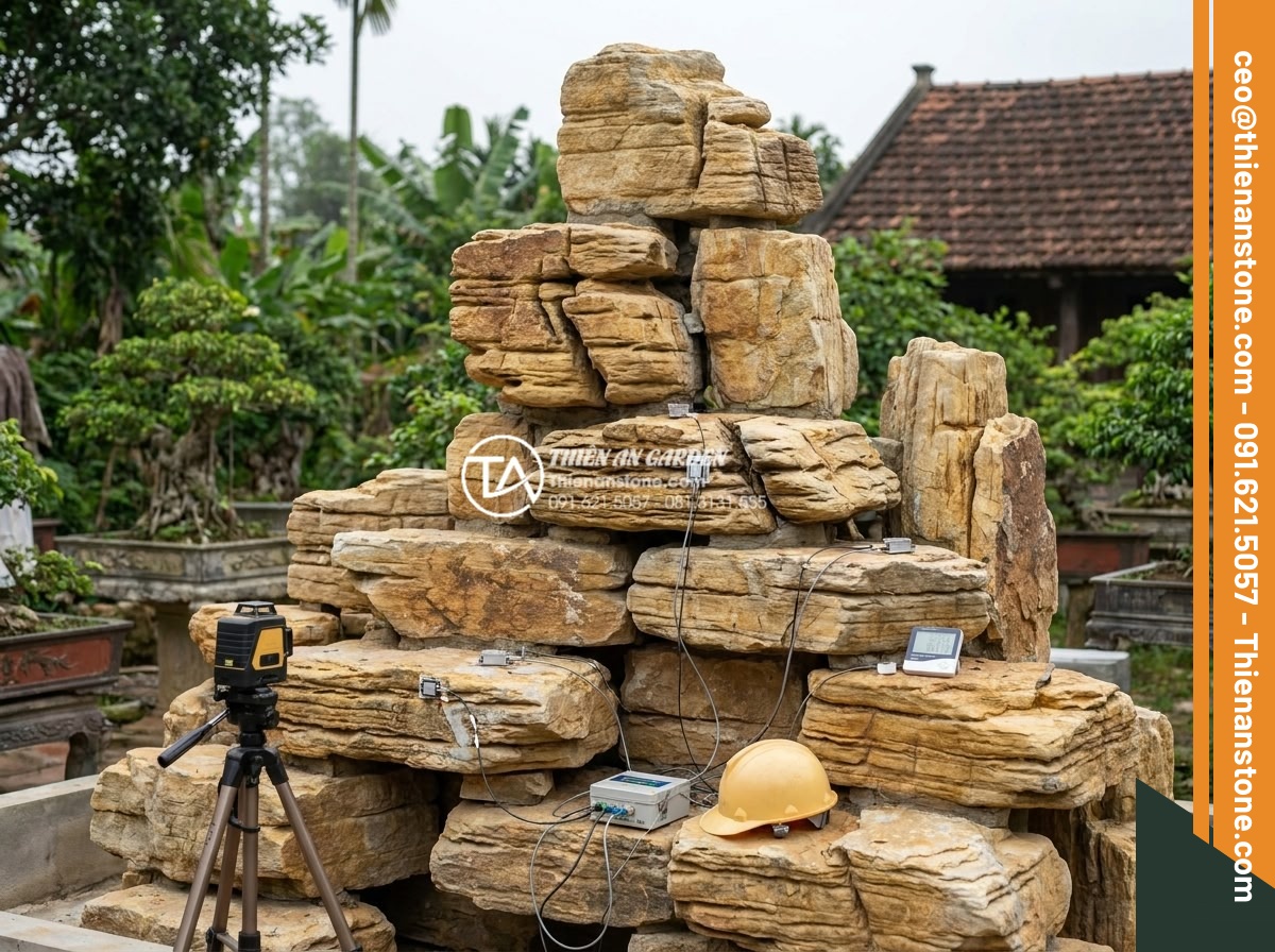 Checklist nghiệm thu công trình hòn non bộ đá cổ thạch dành cho chủ nhà - Engineer testing stability of stone stacking and bonding materials on a partiall