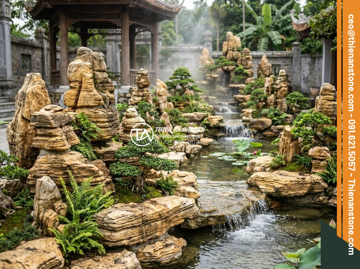 Checklist nghiệm thu công trình hòn non bộ đá cổ thạch dành cho chủ nhà - Panoramic view of artistically arranged ancient stone rockery mimicking natural 