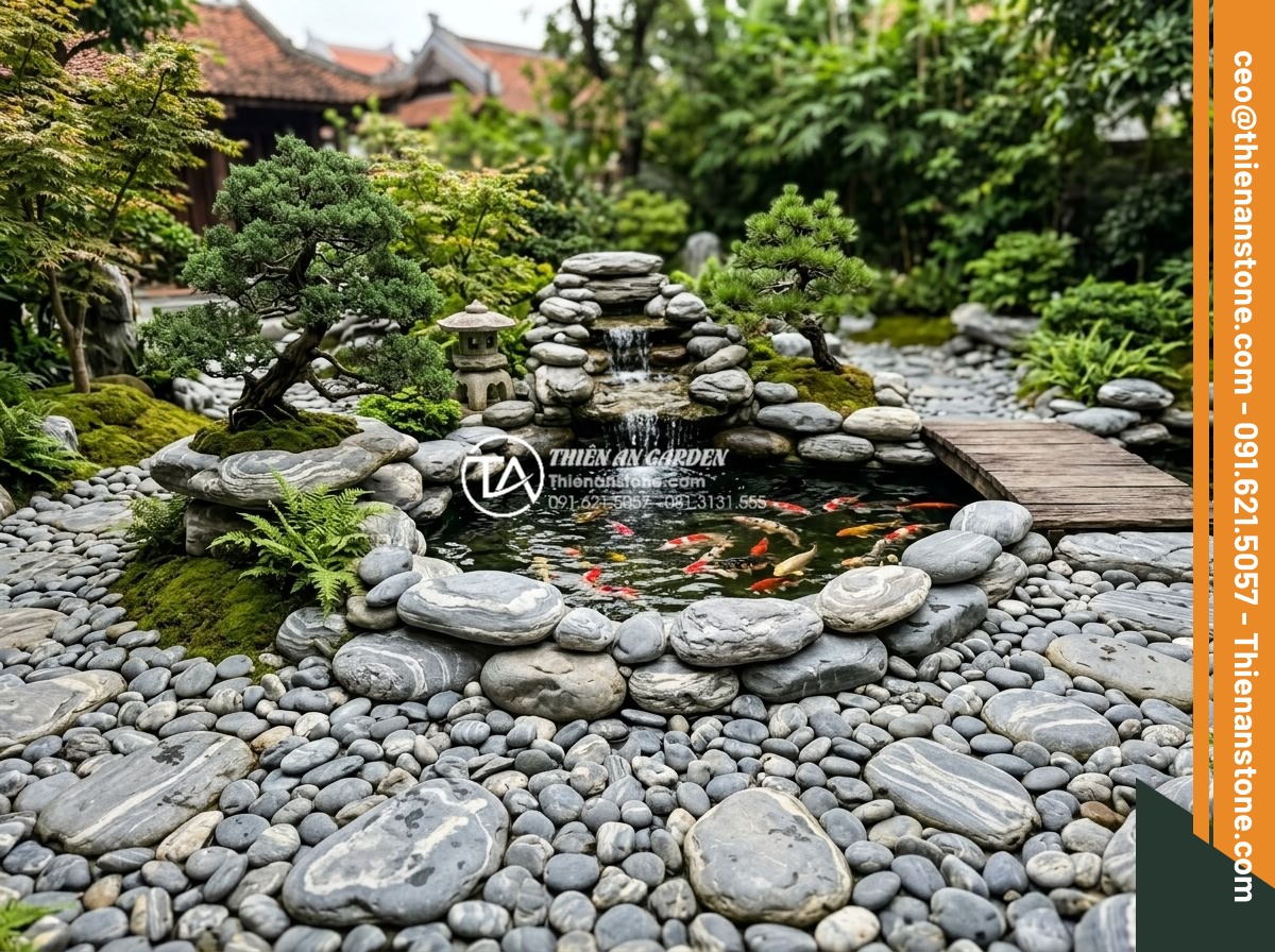 Cung cấp đá cuội vân mây Hà Nội: Giao hàng tận nơi, đầy đủ kích thước - Hình 11 Cung cấp đá cuội vân mây Hà Nội: Giao hàng tận nơi, đầy đủ kích thước - Elegant Japanese-style garden with cloud-veined pebbles surrounding koi pond, bo