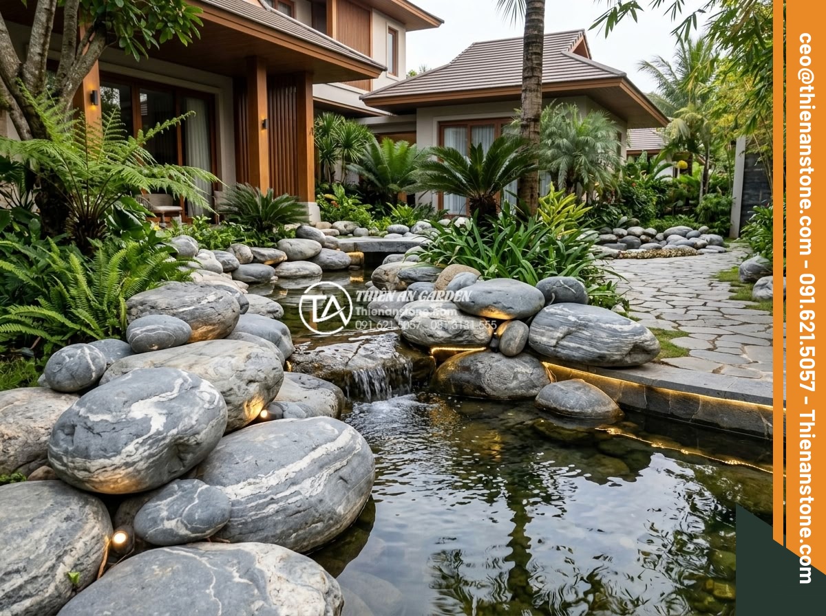 Cung cấp đá cuội vân mây Hà Nội: Giao hàng tận nơi, đầy đủ kích thước - Hình 12 Cung cấp đá cuội vân mây Hà Nội: Giao hàng tận nơi, đầy đủ kích thước - Luxurious villa backyard featuring large pebble stone arrangements in non-bo sty