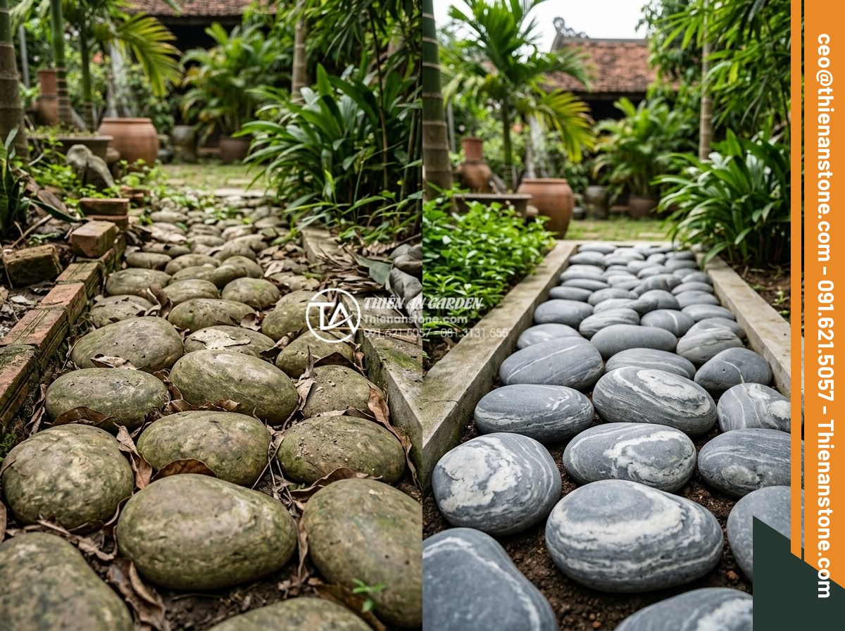 Cung cấp đá cuội vân mây Hà Nội: Giao hàng tận nơi, đầy đủ kích thước - Hình 16 Cung cấp đá cuội vân mây Hà Nội: Giao hàng tận nơi, đầy đủ kích thước - Before and after maintenance comparison of cloud pebble stones showing clean vib