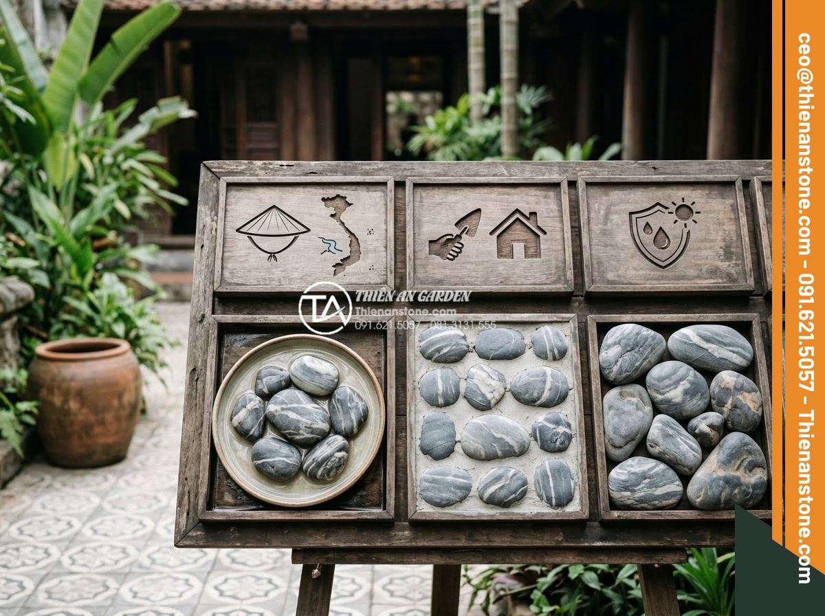 Cung cấp đá cuội vân mây Hà Nội: Giao hàng tận nơi, đầy đủ kích thước - Hình 19 Cung cấp đá cuội vân mây Hà Nội: Giao hàng tận nơi, đầy đủ kích thước - FAQ section visual with icons representing common questions about Hanoi pebble s