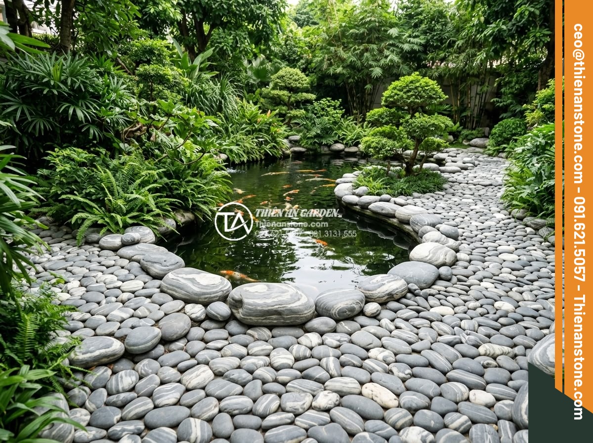 Cung cấp đá cuội vân mây Hà Nội: Giao hàng tận nơi, đầy đủ kích thước - Hình 2 Cung cấp đá cuội vân mây Hà Nội: Giao hàng tận nơi, đầy đủ kích thước - Wide angle view of a beautiful Hanoi garden landscape featuring cloud patterned