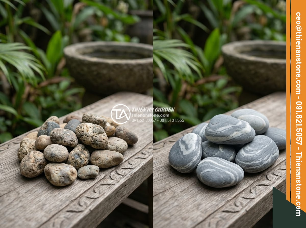 Cung cấp đá cuội vân mây Hà Nội: Giao hàng tận nơi, đầy đủ kích thước - Hình 3 Cung cấp đá cuội vân mây Hà Nội: Giao hàng tận nơi, đầy đủ kích thước - Comparative side-by-side image of cloud-veined pebble stones versus regular rive