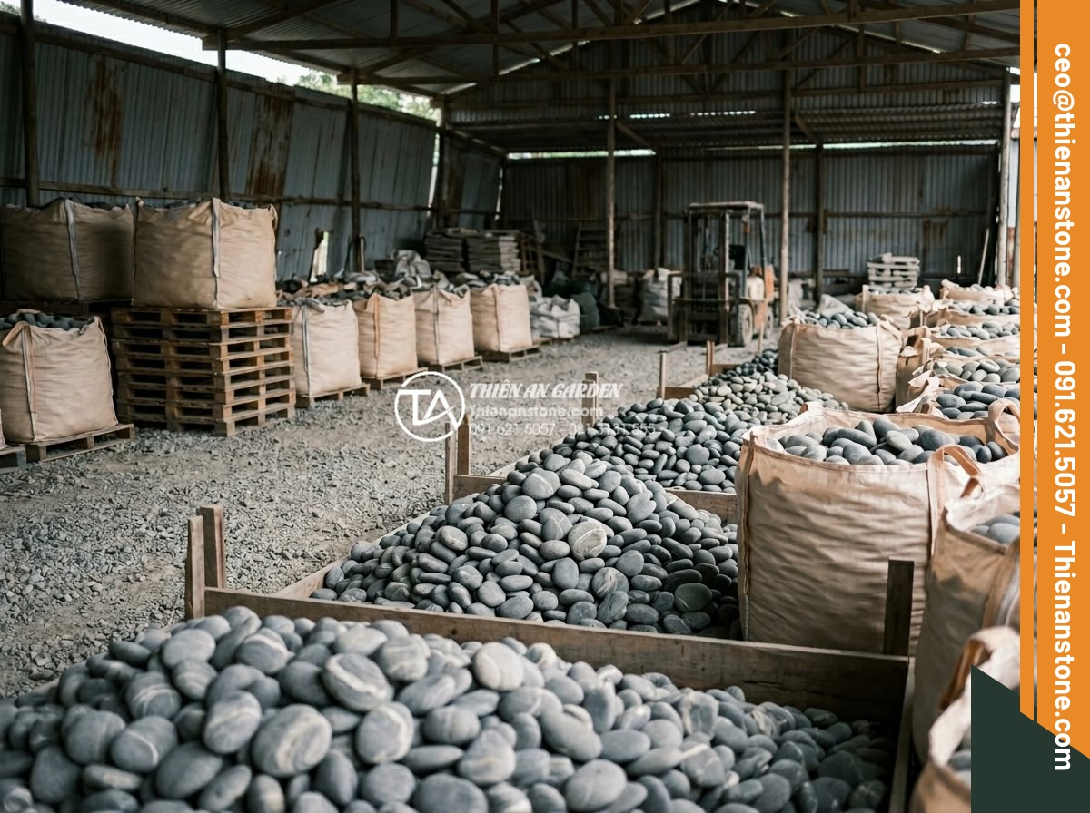 Cung cấp đá cuội vân mây Hà Nội: Giao hàng tận nơi, đầy đủ kích thước - Hình 8 Cung cấp đá cuội vân mây Hà Nội: Giao hàng tận nơi, đầy đủ kích thước - Interior shot of organized stone yard showing different grades and sizes of Hano