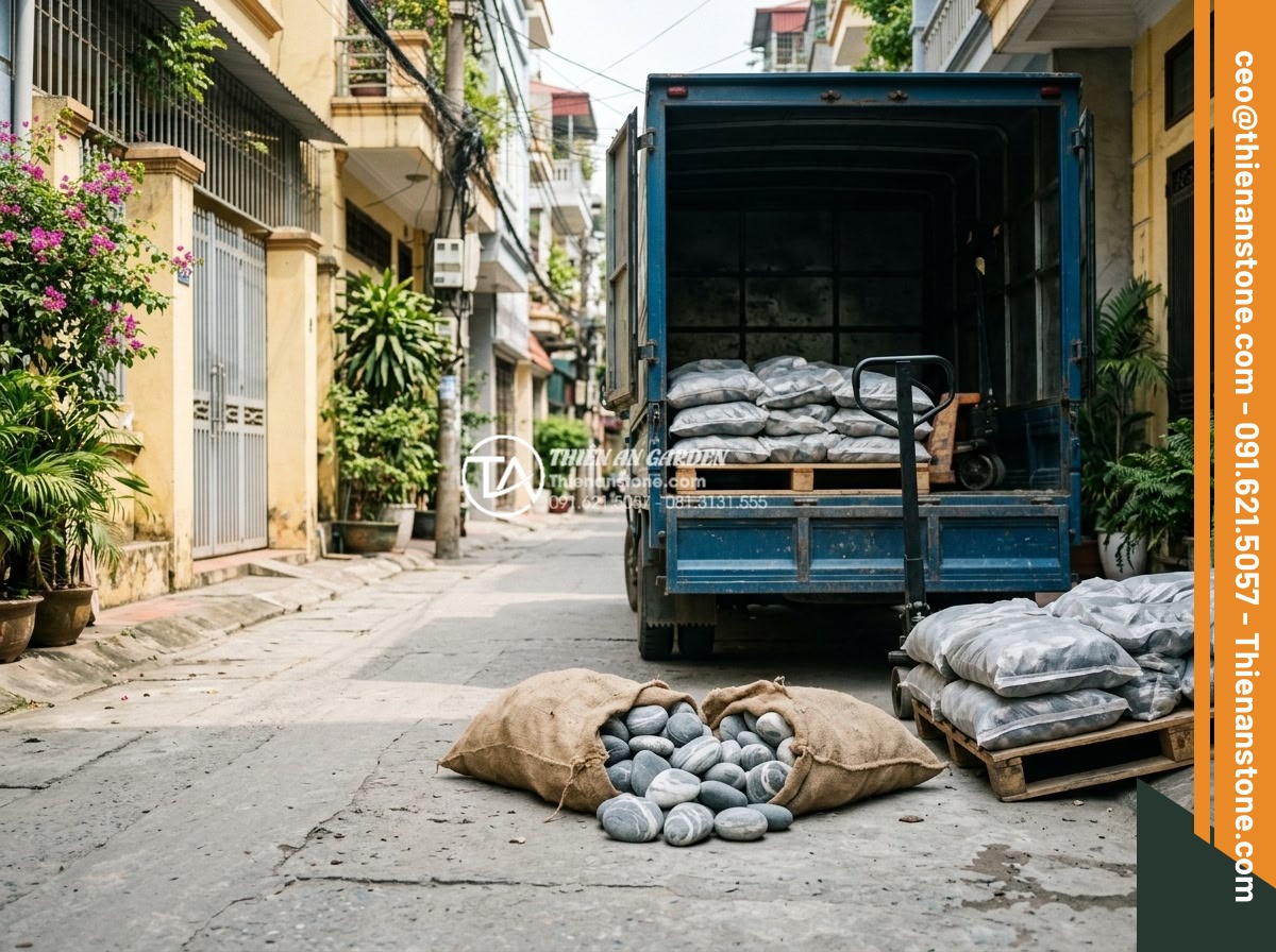Cung cấp đá cuội vân mây Hà Nội: Giao hàng tận nơi, đầy đủ kích thước - Hình 9 Cung cấp đá cuội vân mây Hà Nội: Giao hàng tận nơi, đầy đủ kích thước - Delivery truck loaded with packaged cloud pebble stones arriving at a residentia
