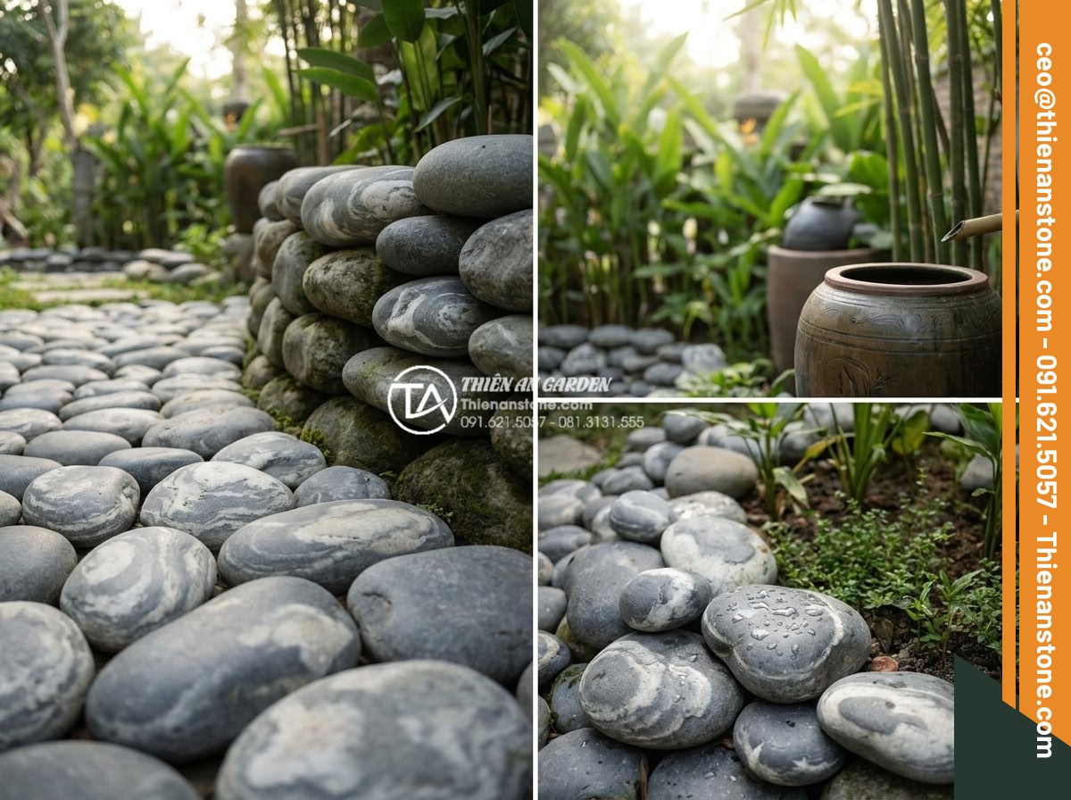 Đá cuội lớn (đá cuội loại to): Giải pháp cho hòn non bộ và cảnh quan vĩ mô - Hình 12 Đá cuội lớn (đá cuội loại to): Giải pháp cho hòn non bộ và cảnh quan vĩ mô - Infographic style image illustrating multiple benefits of large pebbles includin