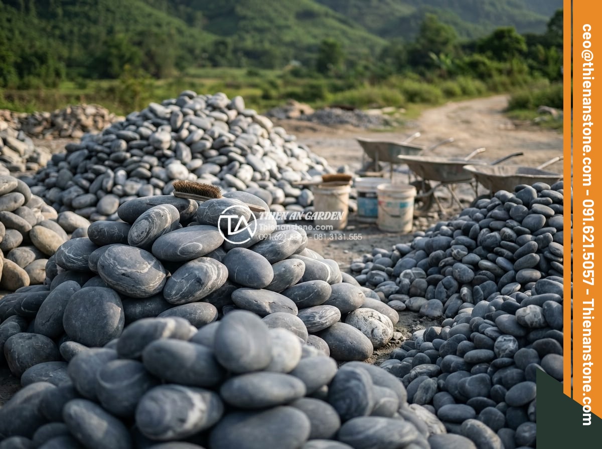 Đá cuội lớn (đá cuội loại to): Giải pháp cho hòn non bộ và cảnh quan vĩ mô - Hình 4 Đá cuội lớn (đá cuội loại to): Giải pháp cho hòn non bộ và cảnh quan vĩ mô - Professional image of workers carefully selecting and cleaning large natural peb