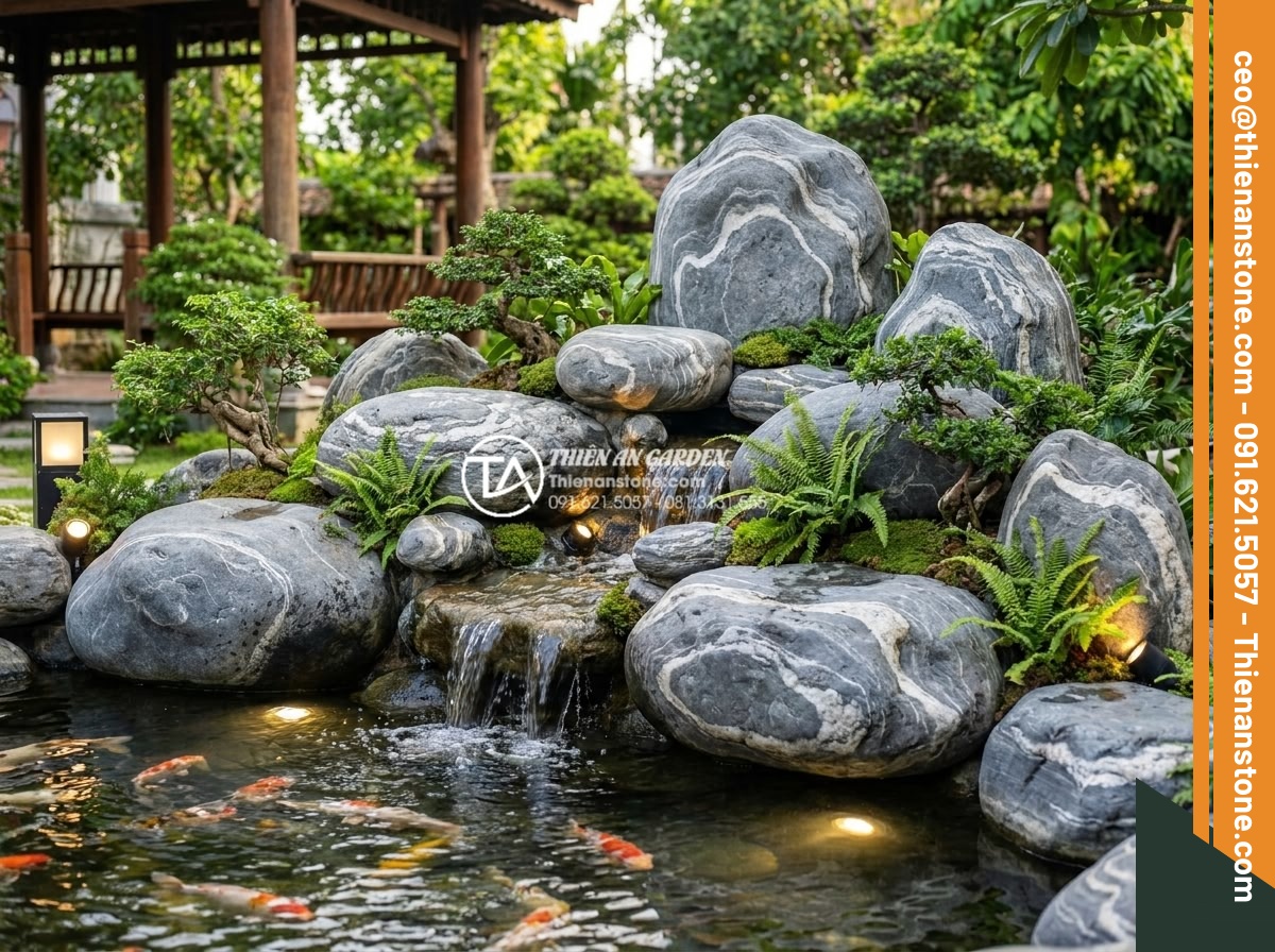 Đá cuội lớn (đá cuội loại to): Giải pháp cho hòn non bộ và cảnh quan vĩ mô - Hình 8 Đá cuội lớn (đá cuội loại to): Giải pháp cho hòn non bộ và cảnh quan vĩ mô - Detailed view of a completed small rockery using oversized pebbles arranged with