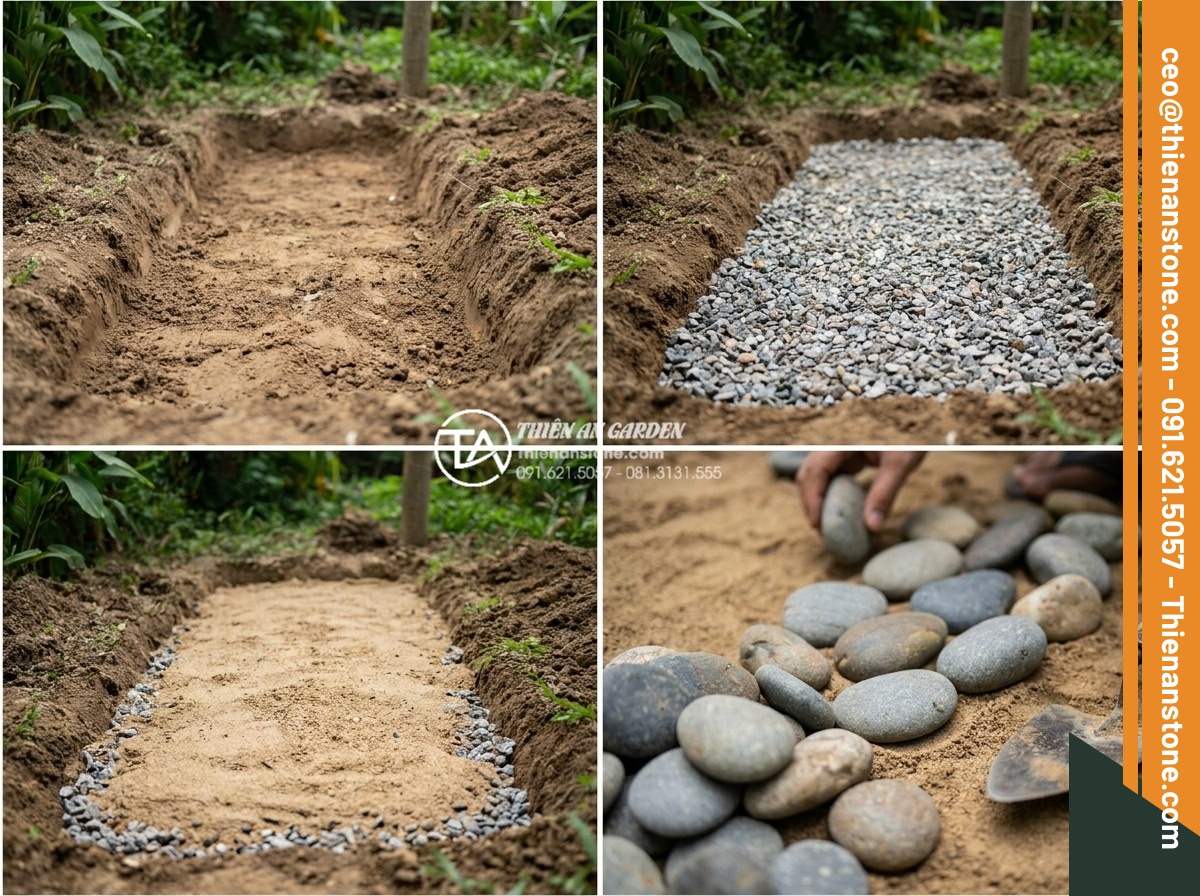 Đá cuội sân vườn: Ý tưởng trang trí và hướng dẫn lát đá cuội đẹp hút mắt - Hình 11 Đá cuội sân vườn: Ý tưởng trang trí và hướng dẫn lát đá cuội đẹp hút mắt - Step by step construction process of laying pebble stones in garden path with wo