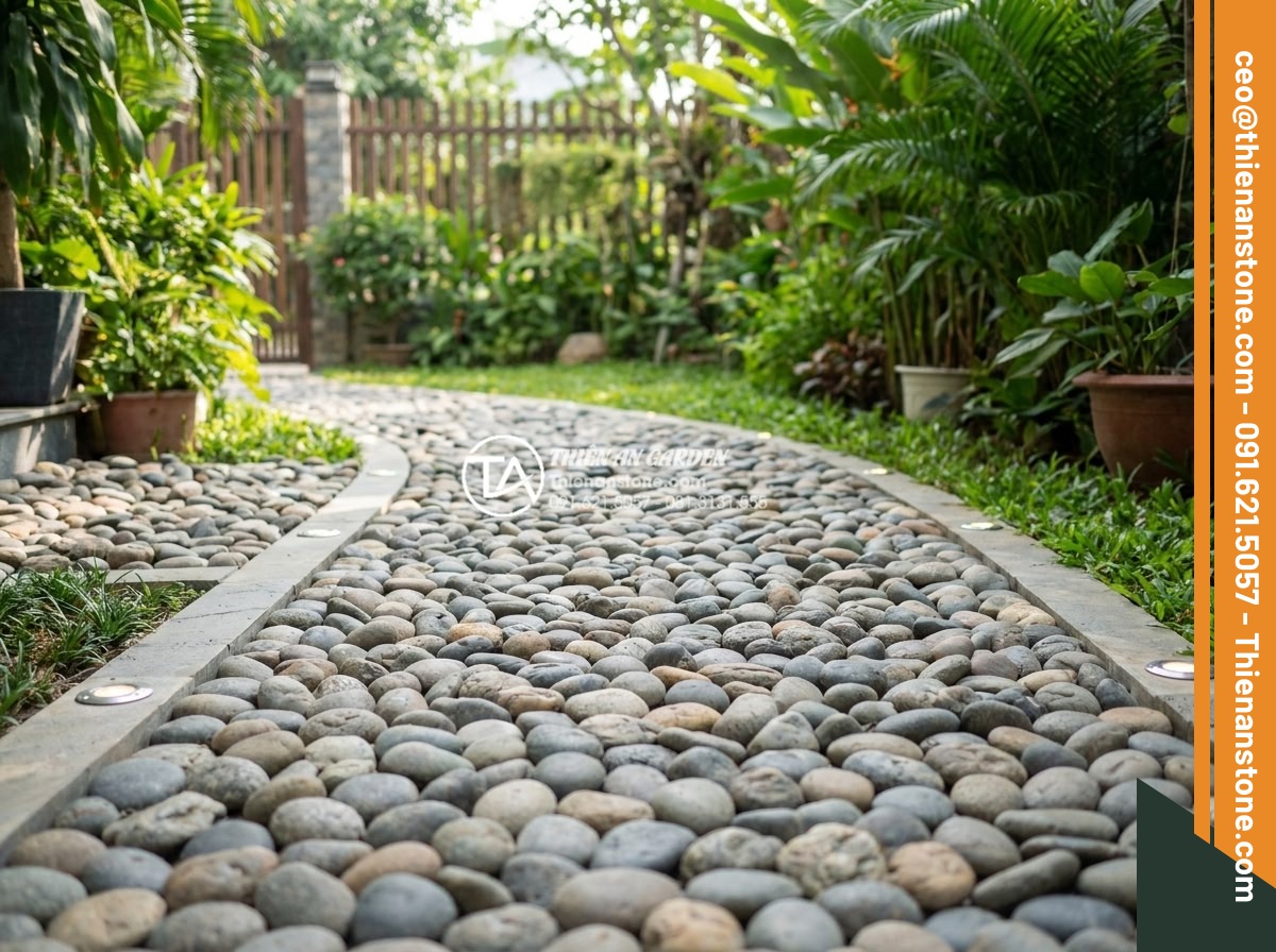 Đá cuội sân vườn: Ý tưởng trang trí và hướng dẫn lát đá cuội đẹp hút mắt - Hình 12 Đá cuội sân vườn: Ý tưởng trang trí và hướng dẫn lát đá cuội đẹp hút mắt - Completed pebble stone garden pathway after professional installation with clean