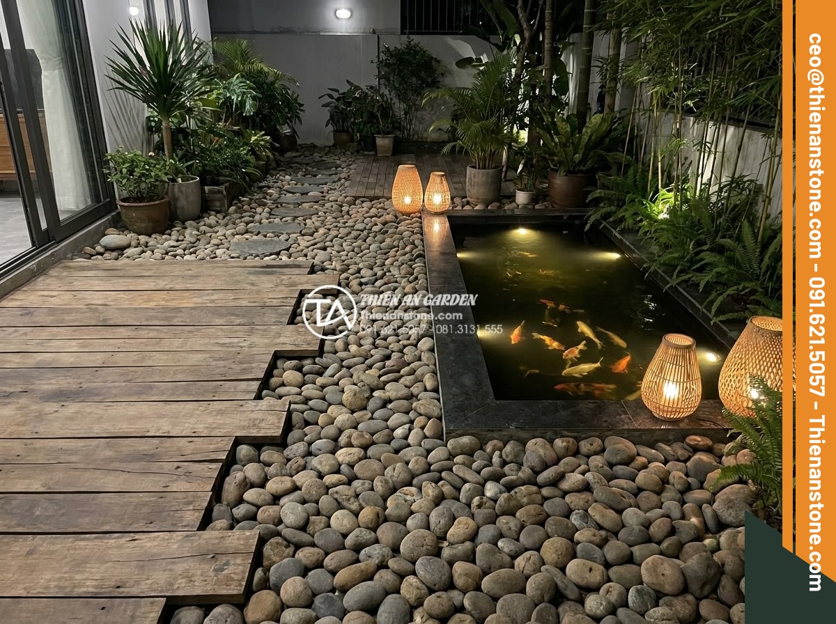 Đá cuội sân vườn: Ý tưởng trang trí và hướng dẫn lát đá cuội đẹp hút mắt - Hình 13 Đá cuội sân vườn: Ý tưởng trang trí và hướng dẫn lát đá cuội đẹp hút mắt - Integrated garden design showing pebble stones combined with wooden deck, koi po