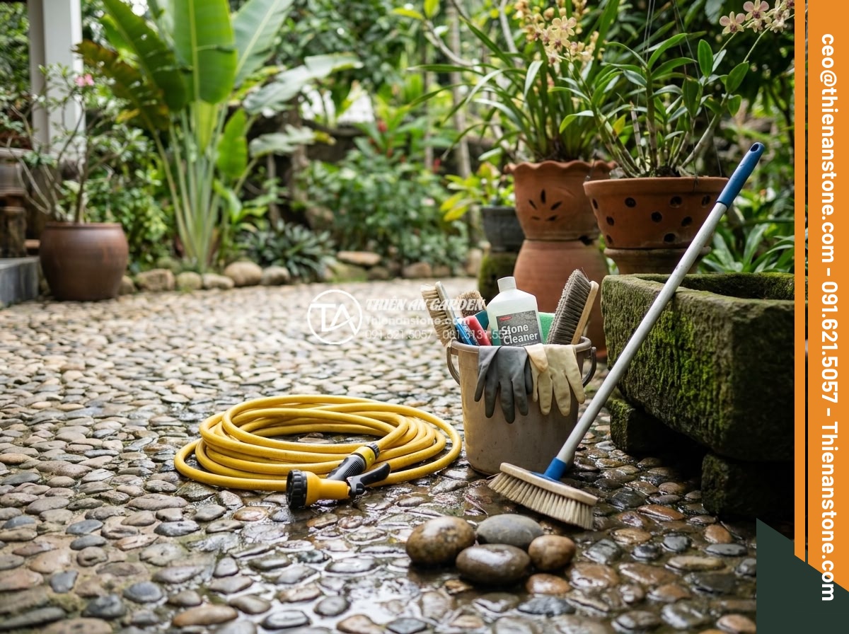 Đá cuội sân vườn: Ý tưởng trang trí và hướng dẫn lát đá cuội đẹp hút mắt - Hình 15 Đá cuội sân vườn: Ý tưởng trang trí và hướng dẫn lát đá cuội đẹp hút mắt - Maintenance worker cleaning pebble stone garden path with pressure washer and to