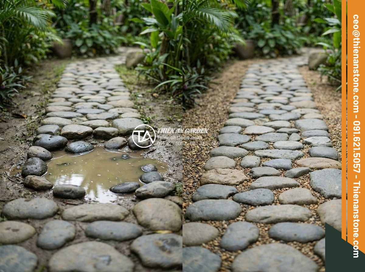 Đá cuội sân vườn: Ý tưởng trang trí và hướng dẫn lát đá cuội đẹp hút mắt - Hình 17 Đá cuội sân vườn: Ý tưởng trang trí và hướng dẫn lát đá cuội đẹp hút mắt - Common mistakes in pebble stone installation showing uneven path and water pooli