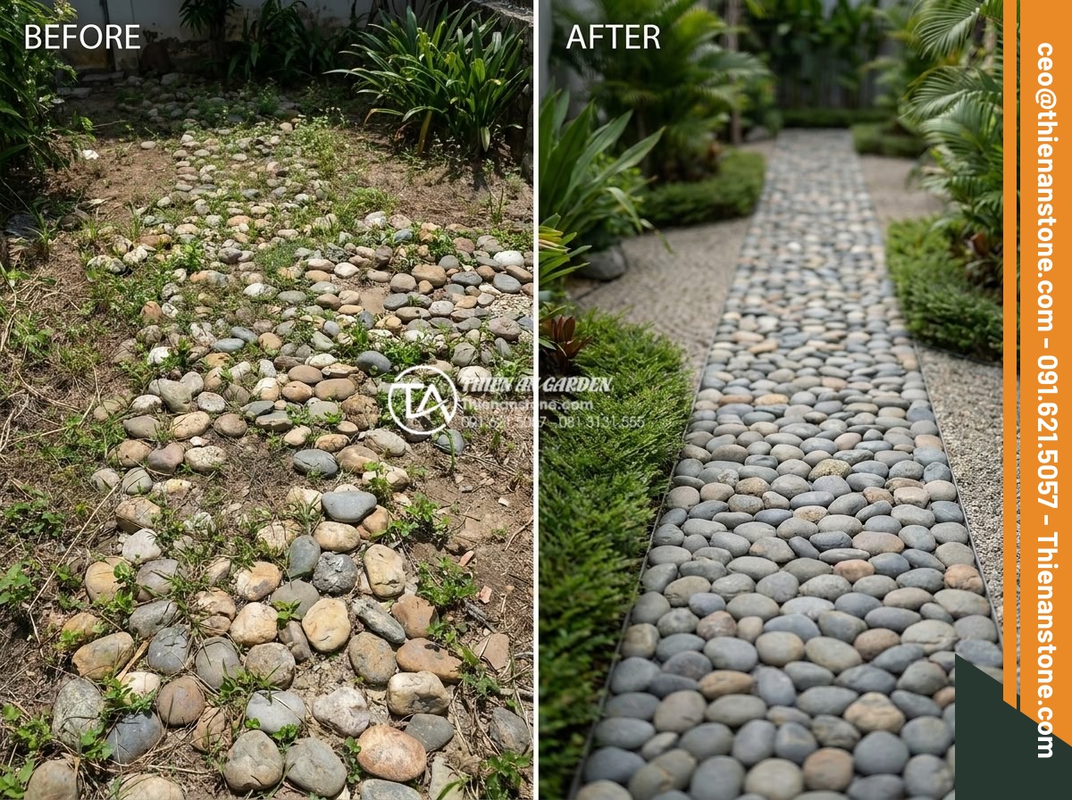 Đá cuội sân vườn: Ý tưởng trang trí và hướng dẫn lát đá cuội đẹp hút mắt - Hình 18 Đá cuội sân vườn: Ý tưởng trang trí và hướng dẫn lát đá cuội đẹp hút mắt - Professional correction of pebble stone garden issues with before and after phot