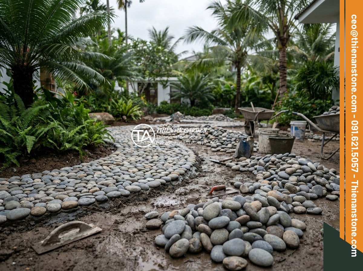 Đá cuội sân vườn: Ý tưởng trang trí và hướng dẫn lát đá cuội đẹp hút mắt - Hình 19 Đá cuội sân vườn: Ý tưởng trang trí và hướng dẫn lát đá cuội đẹp hút mắt - Professional team from Da Canh Thien An company working on a pebble stone garden