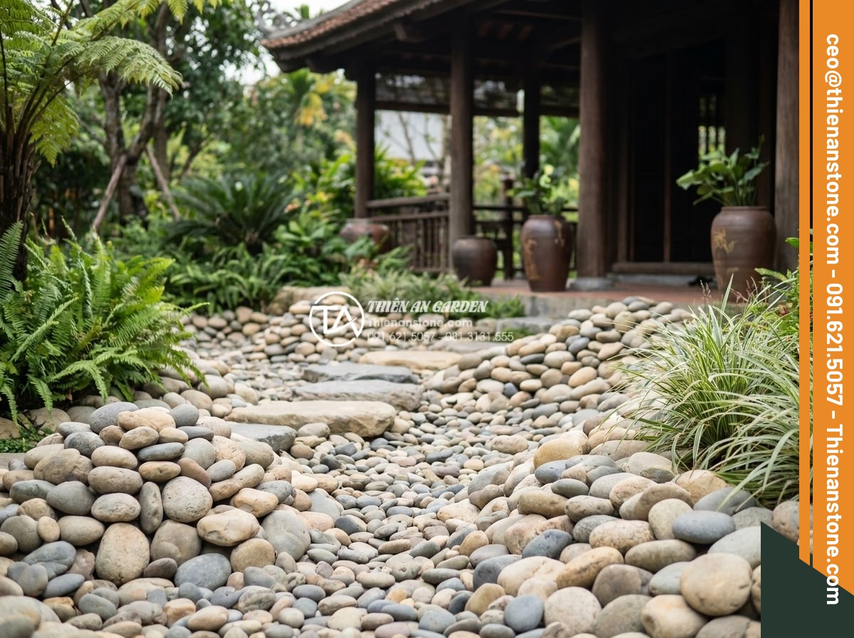 Đá cuội sân vườn: Ý tưởng trang trí và hướng dẫn lát đá cuội đẹp hút mắt - Hình 20 Đá cuội sân vườn: Ý tưởng trang trí và hướng dẫn lát đá cuội đẹp hút mắt - Completed luxury garden project by Da Canh Thien An featuring beautiful pebble s