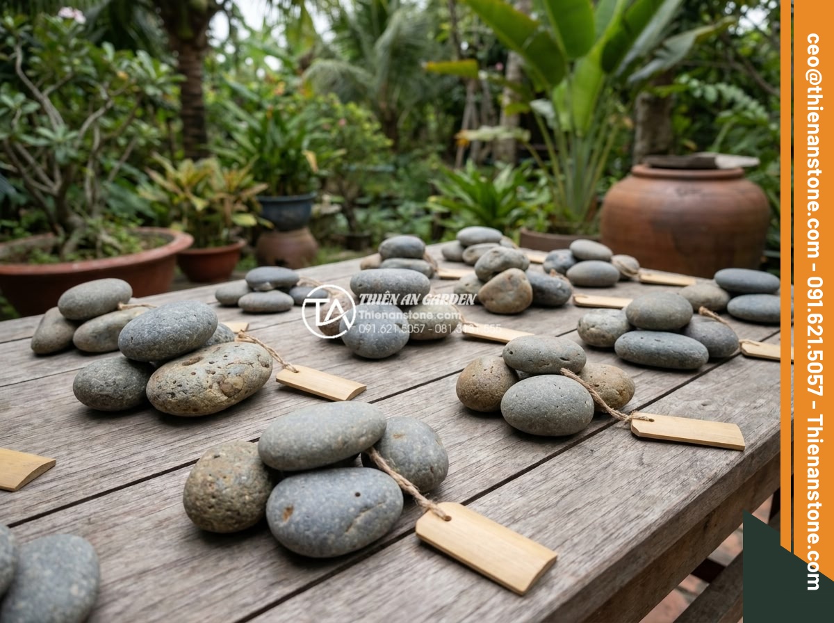 Đá cuội sân vườn: Ý tưởng trang trí và hướng dẫn lát đá cuội đẹp hút mắt - Hình 6 Đá cuội sân vườn: Ý tưởng trang trí và hướng dẫn lát đá cuội đẹp hút mắt - Variety of pebble stones in different colors and sizes displayed on wooden surfa