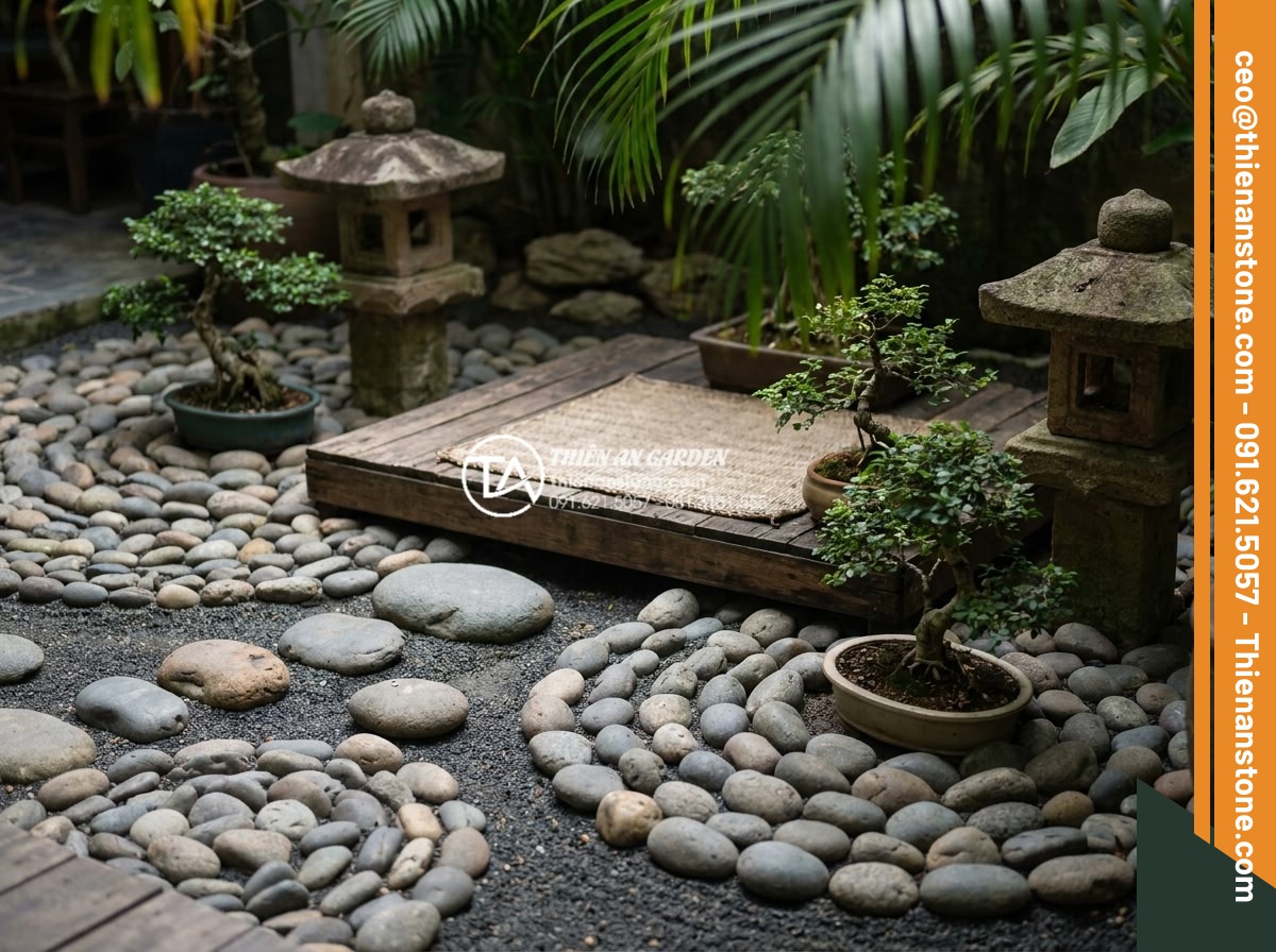 Đá cuội sân vườn: Ý tưởng trang trí và hướng dẫn lát đá cuội đẹp hút mắt - Hình 7 Đá cuội sân vườn: Ý tưởng trang trí và hướng dẫn lát đá cuội đẹp hút mắt - Creative garden decoration idea with pebble stones forming zen patterns around a