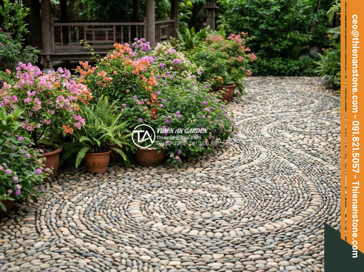 Đá cuội sân vườn: Ý tưởng trang trí và hướng dẫn lát đá cuội đẹp hút mắt - Hình 8 Đá cuội sân vườn: Ý tưởng trang trí và hướng dẫn lát đá cuội đẹp hút mắt - Innovative pebble stone garden design featuring a pebble mosaic art pattern rese