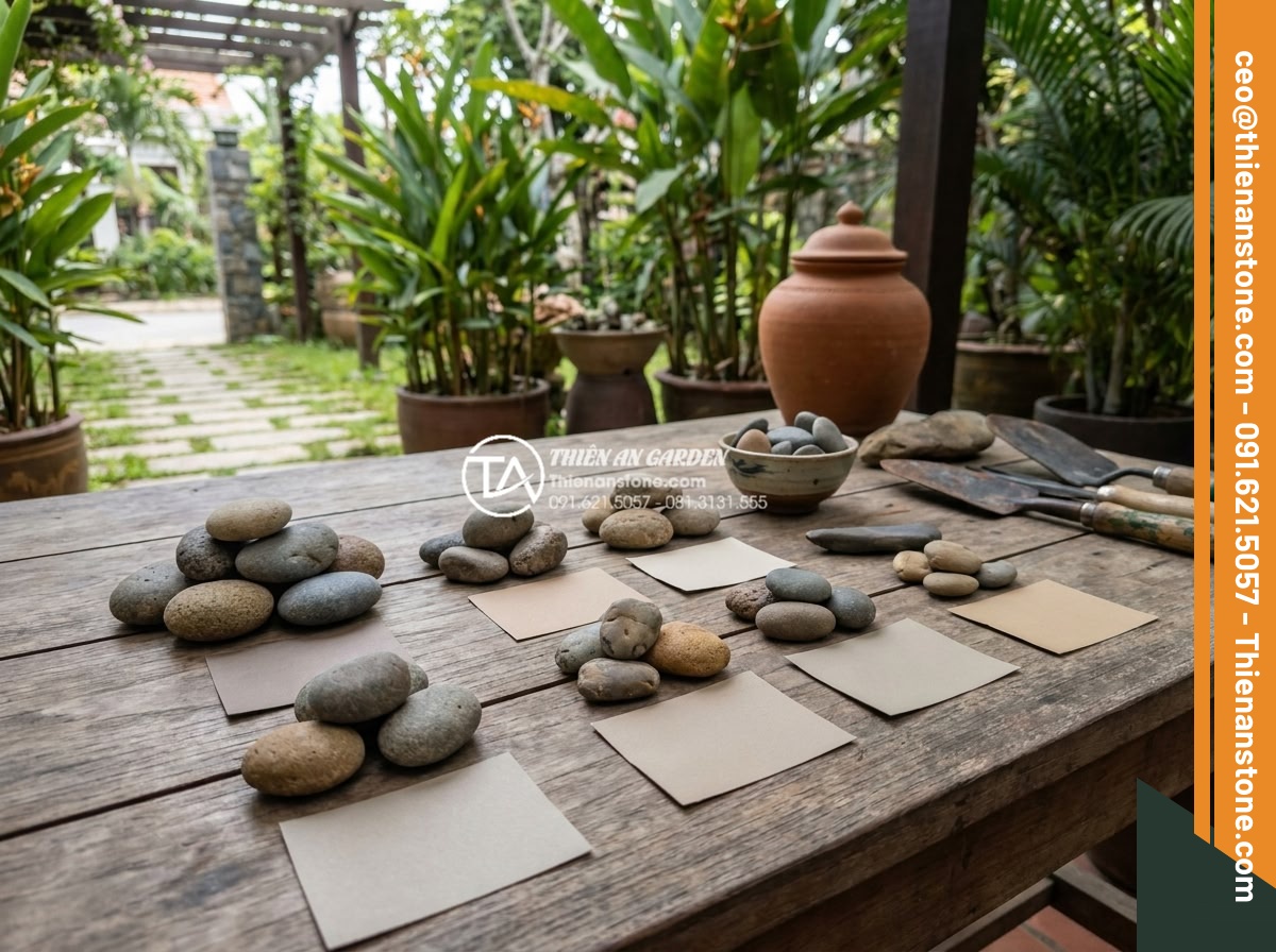 Đá cuội sân vườn: Ý tưởng trang trí và hướng dẫn lát đá cuội đẹp hút mắt - Hình 9 Đá cuội sân vườn: Ý tưởng trang trí và hướng dẫn lát đá cuội đẹp hút mắt - Professional landscape designer selecting different pebble stones for a garden p