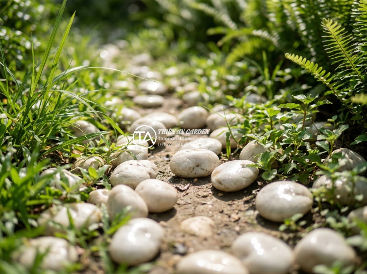 Đá cuội trắng tự nhiên: Ứng dụng trong rải lối đi và trang trí nội thất - Close-up view of natural white pebbles scattered on a garden path with sunlight