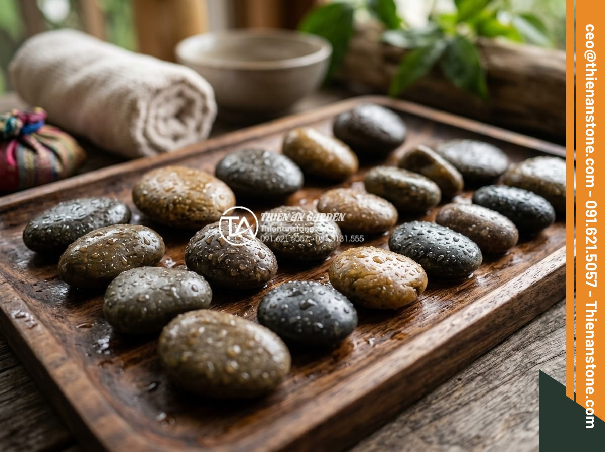 Đá cuội tròn: Ứng dụng trong massage đá nóng và trang trí spa cao cấp - Close-up view of perfectly smooth, rounded natural river pebbles in various eart