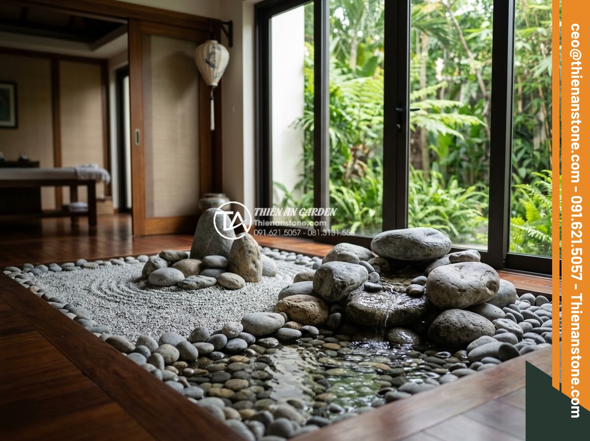 Đá cuội tròn: Ứng dụng trong massage đá nóng và trang trí spa cao cấp - Serene spa interior with round pebbles integrated into a zen rock garden water f