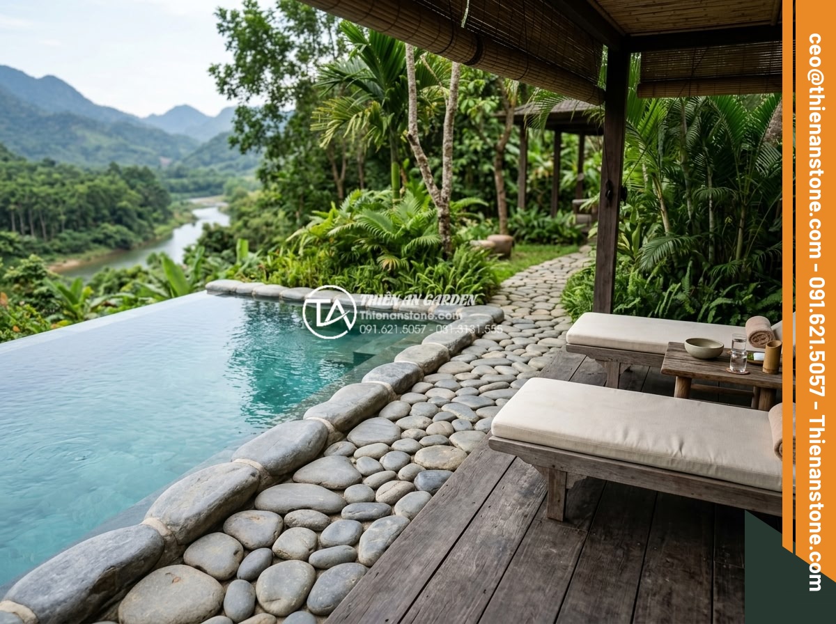 Đá cuội tròn: Ứng dụng trong massage đá nóng và trang trí spa cao cấp - Elegant high-end spa lounge featuring round pebble accents around a small infini