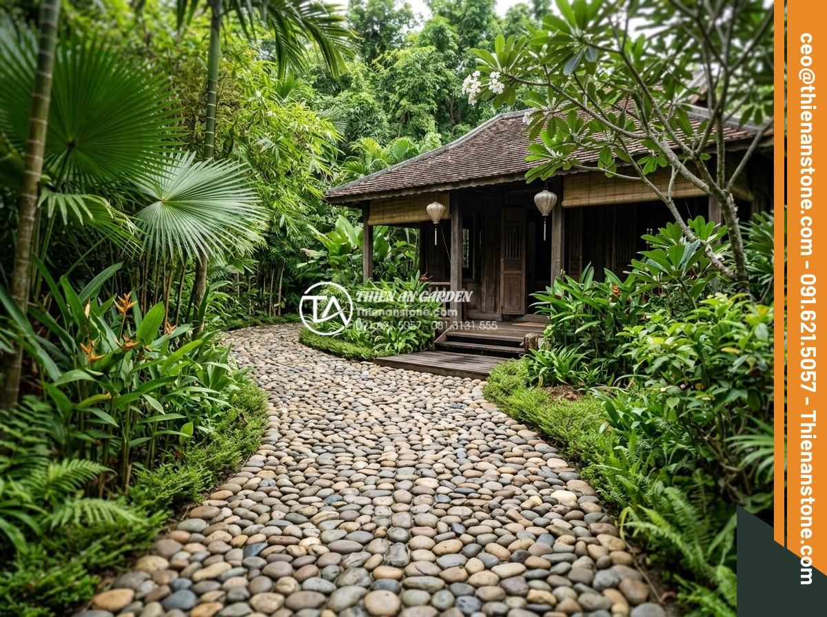 Đá cuội tròn: Ứng dụng trong massage đá nóng và trang trí spa cao cấp - Beautiful resort garden pathway paved with smooth round pebbles leading to a pri
