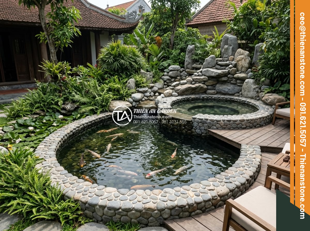 Đá cuội tròn: Ứng dụng trong massage đá nóng và trang trí spa cao cấp - Tranquil villa backyard with round pebble-lined koi pond, rockery features and i
