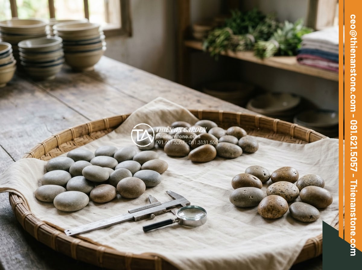 Đá cuội tròn: Ứng dụng trong massage đá nóng và trang trí spa cao cấp - Quality inspection process showing expert examining smooth round pebbles for cra