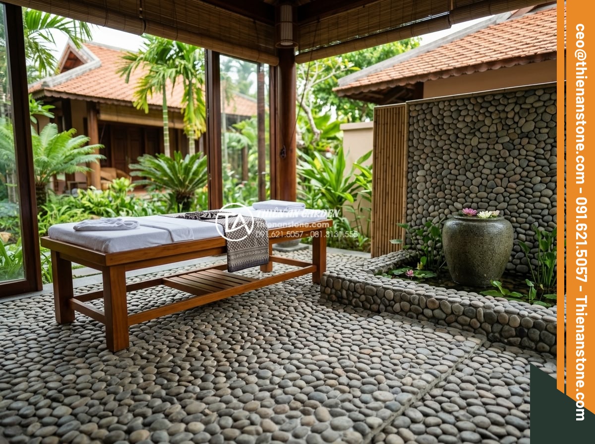 Đá cuội tròn: Ứng dụng trong massage đá nóng và trang trí spa cao cấp - Completed high-end spa project showcasing extensive use of round pebbles in mass