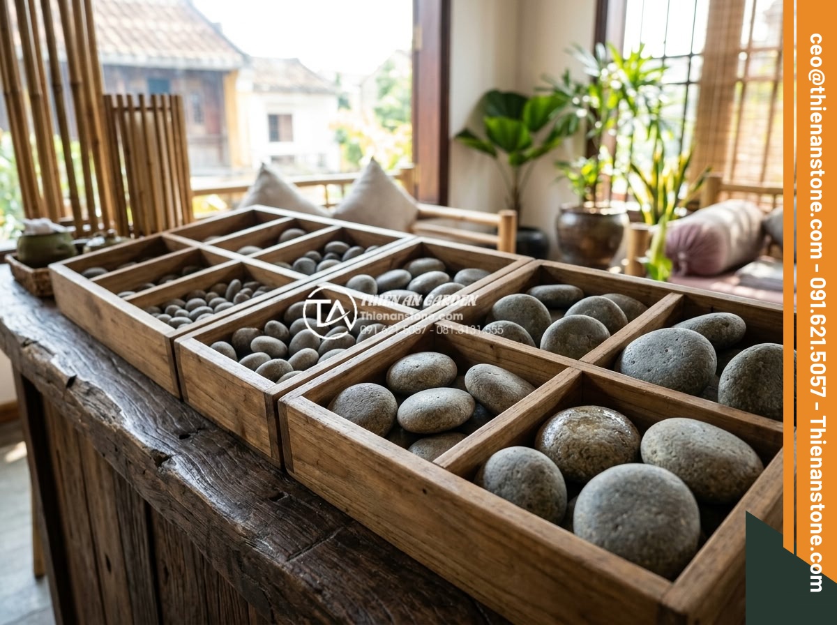 Đá cuội tròn: Ứng dụng trong massage đá nóng và trang trí spa cao cấp - Organized display of different sized round pebbles categorized by diameter in wo