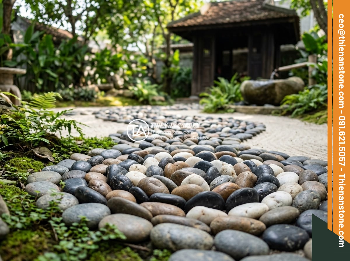 Đá cuội tròn: Ứng dụng trong massage đá nóng và trang trí spa cao cấp - Vibrant assortment of multicolored round river pebbles in black, brown, gray and