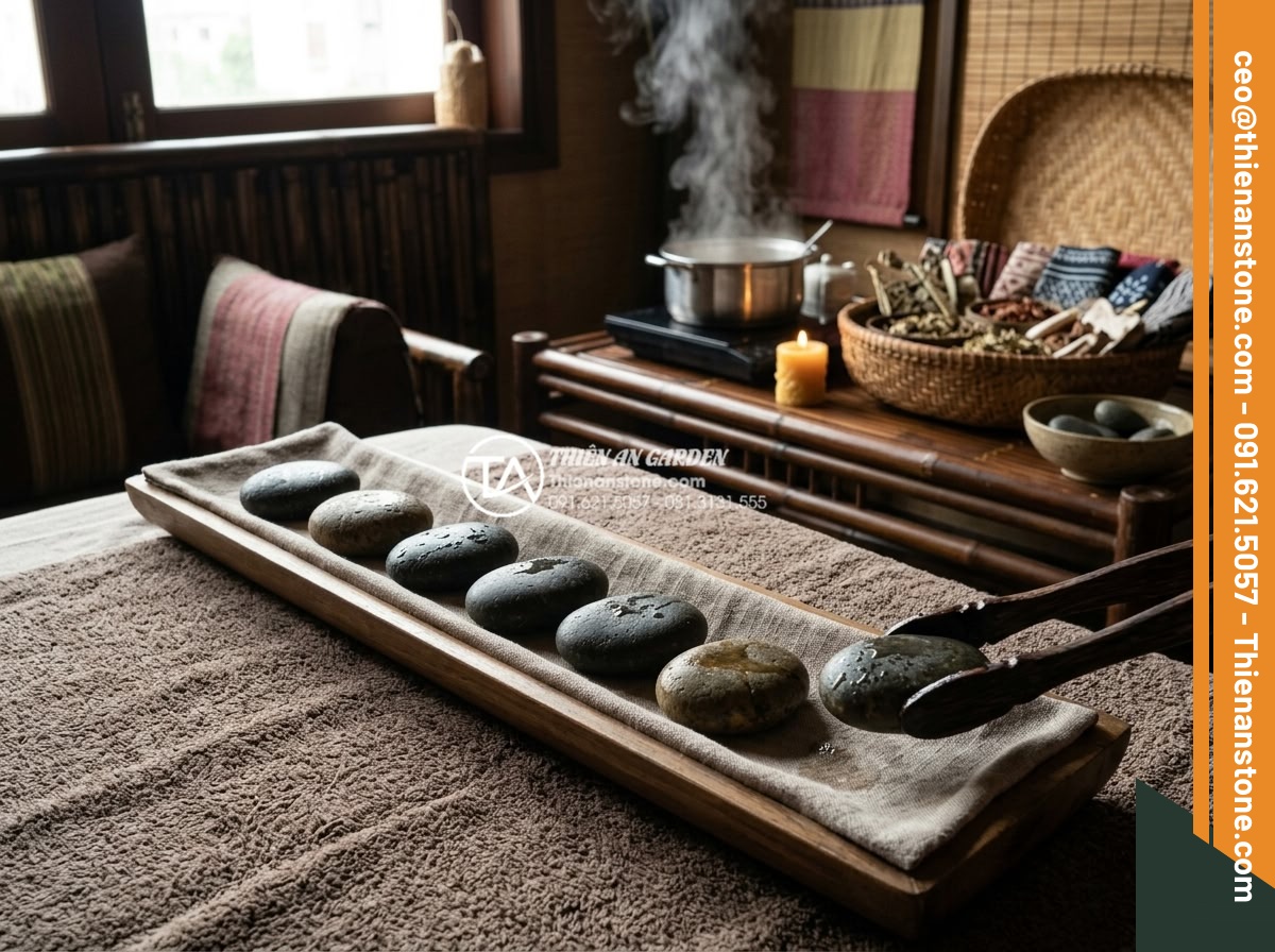 Đá cuội tròn: Ứng dụng trong massage đá nóng và trang trí spa cao cấp - Professional spa therapist placing heated smooth round stones along a client's b