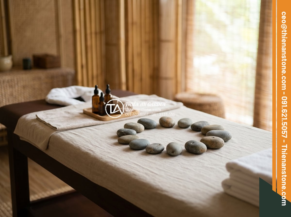 Đá cuội tròn: Ứng dụng trong massage đá nóng và trang trí spa cao cấp - Heated round pebbles arranged in a circular pattern on a massage table with esse