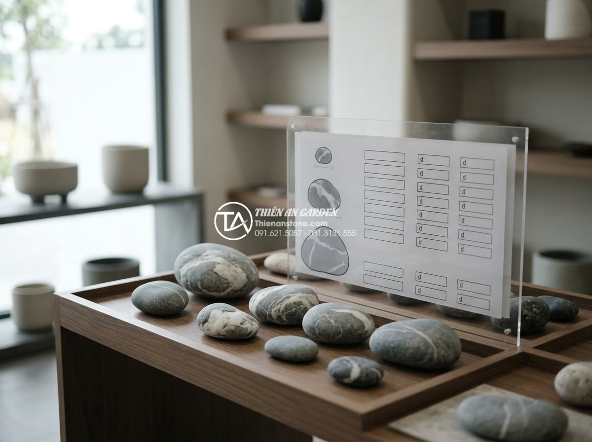 Đá cuội vân mây đỏ: Sắc màu độc bản nâng tầm đẳng cấp không gian - Professional price list display with red cloud-veined pebbles samples and size c