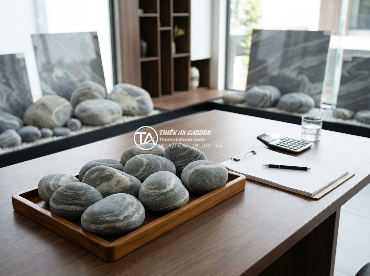 Đá cuội vân mây đỏ: Sắc màu độc bản nâng tầm đẳng cấp không gian - Customer consultation scene at stone showroom with red cloud-veined pebbles on t