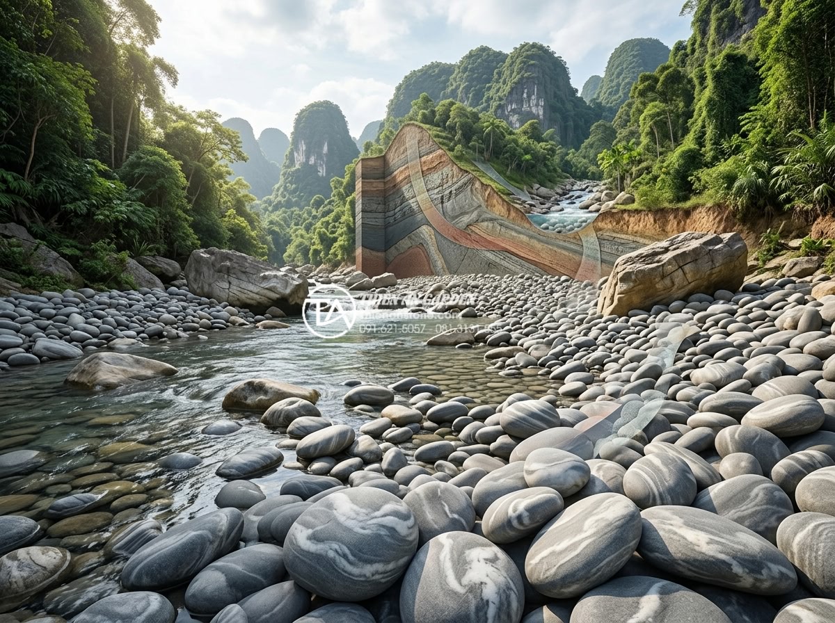 Đá cuội vân mây đỏ: Sắc màu độc bản nâng tầm đẳng cấp không gian - Wide angle view of natural formation process illustration with red cloud-veined 