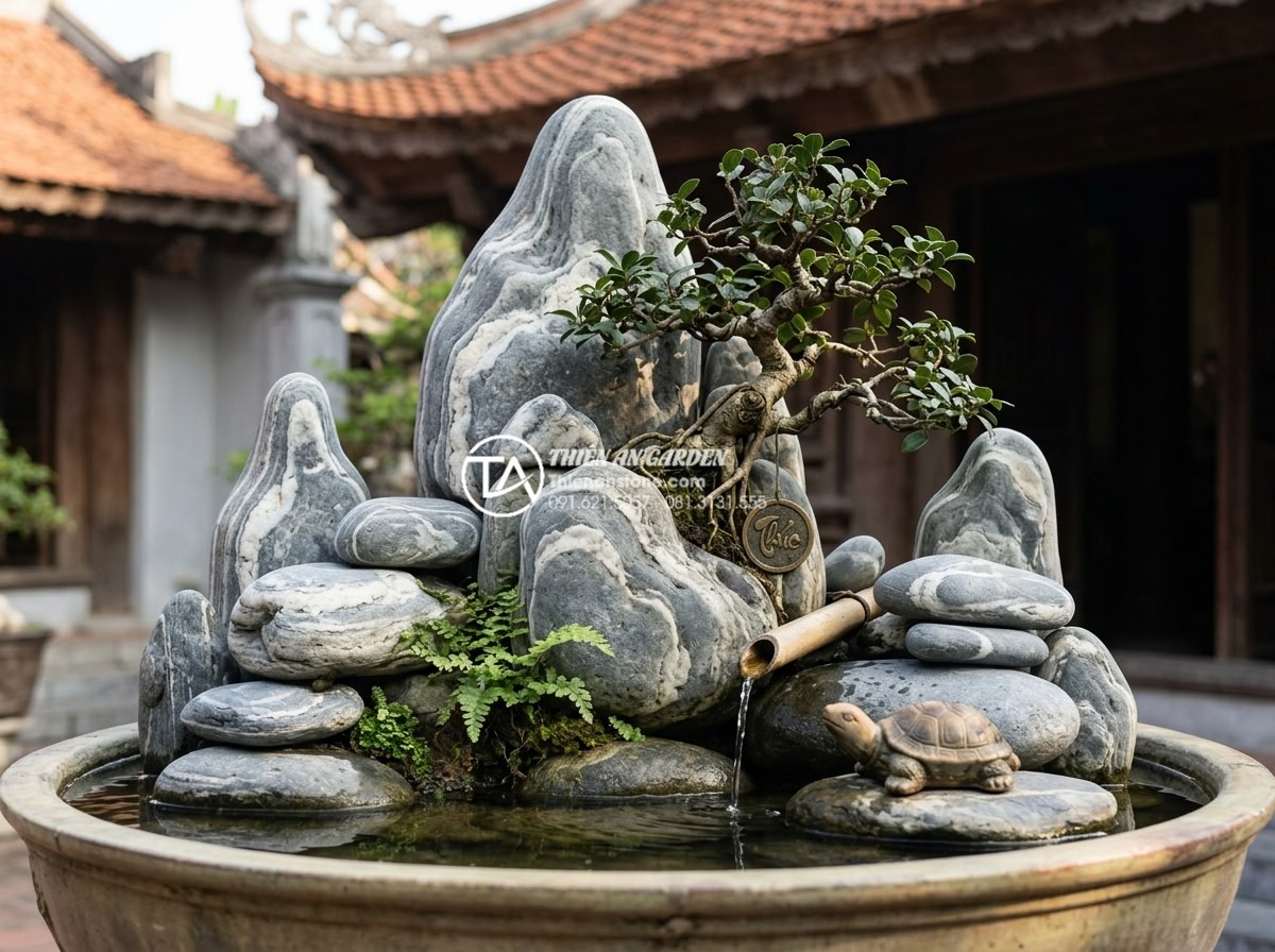Đá cuội vân mây đỏ: Sắc màu độc bản nâng tầm đẳng cấp không gian - Feng shui arrangement of red cloud-veined pebbles in a traditional Vietnamese ro
